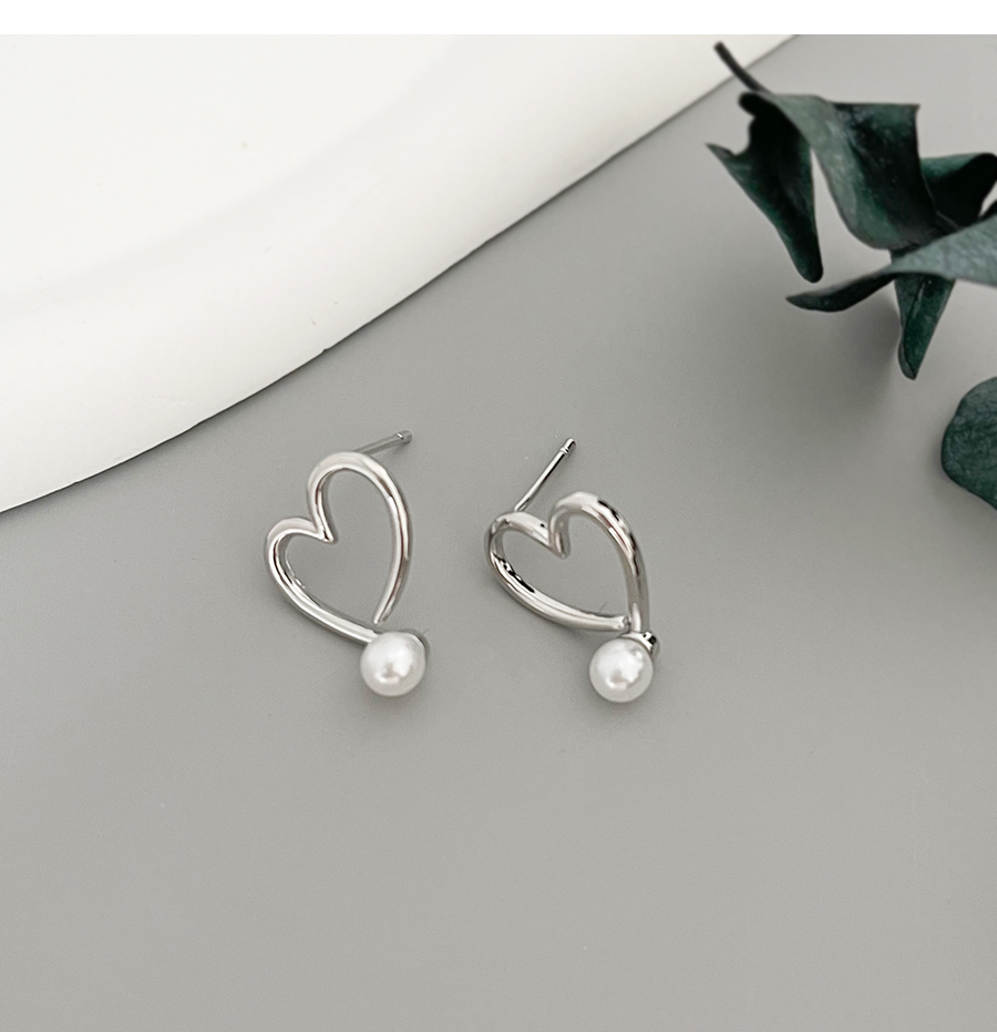Fashion Silver Copper Pearl Heart Stud Earrings,Earrings