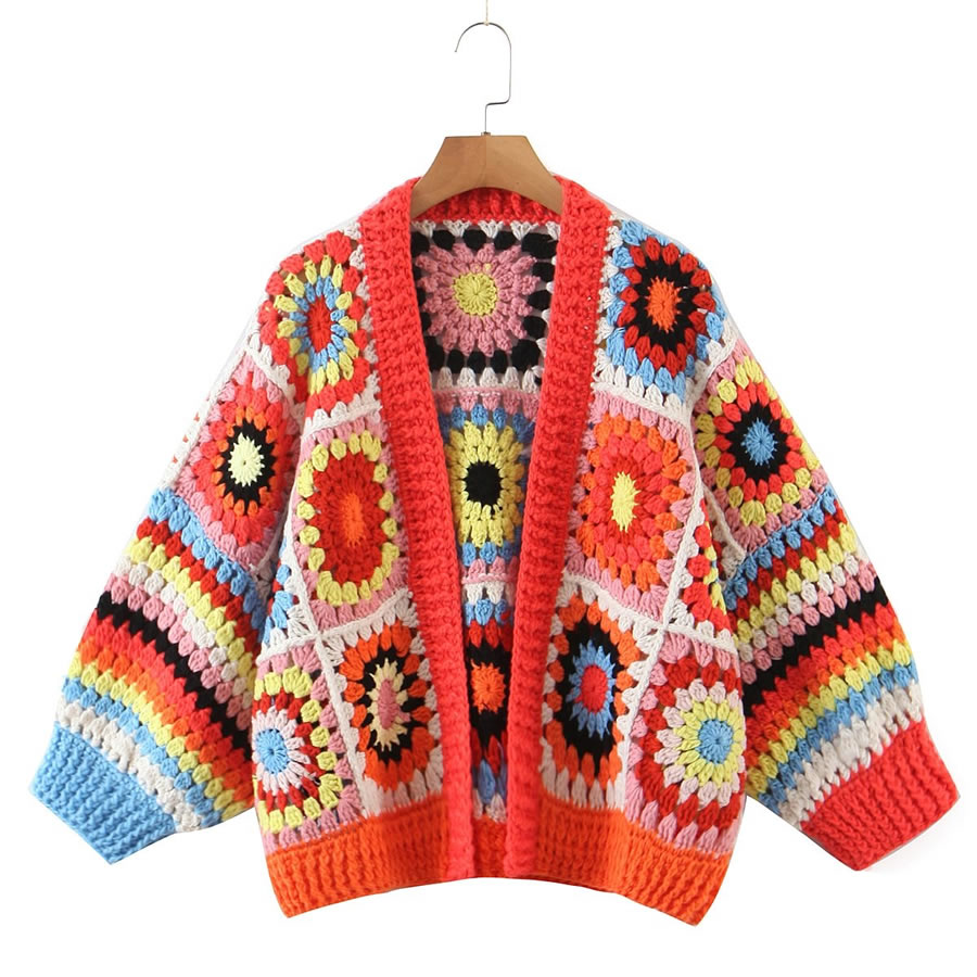 Fashion Color Hand Crochet Checkered Loose Cardigan,Sweater