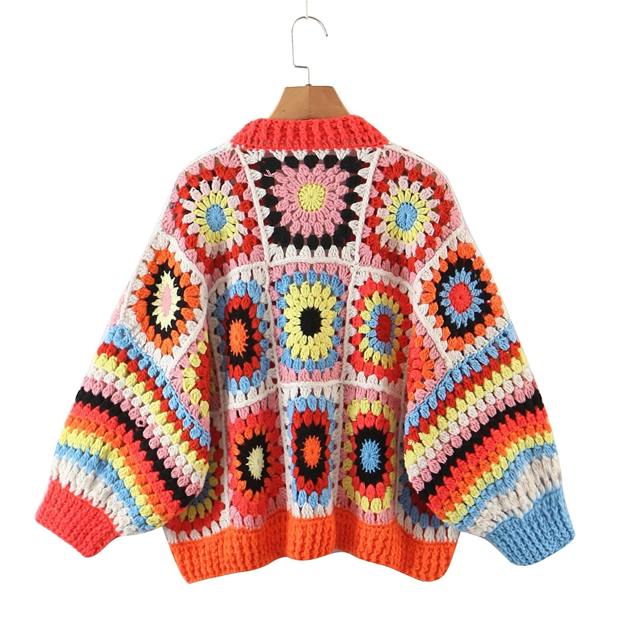 Fashion Color Hand Crochet Checkered Loose Cardigan,Sweater