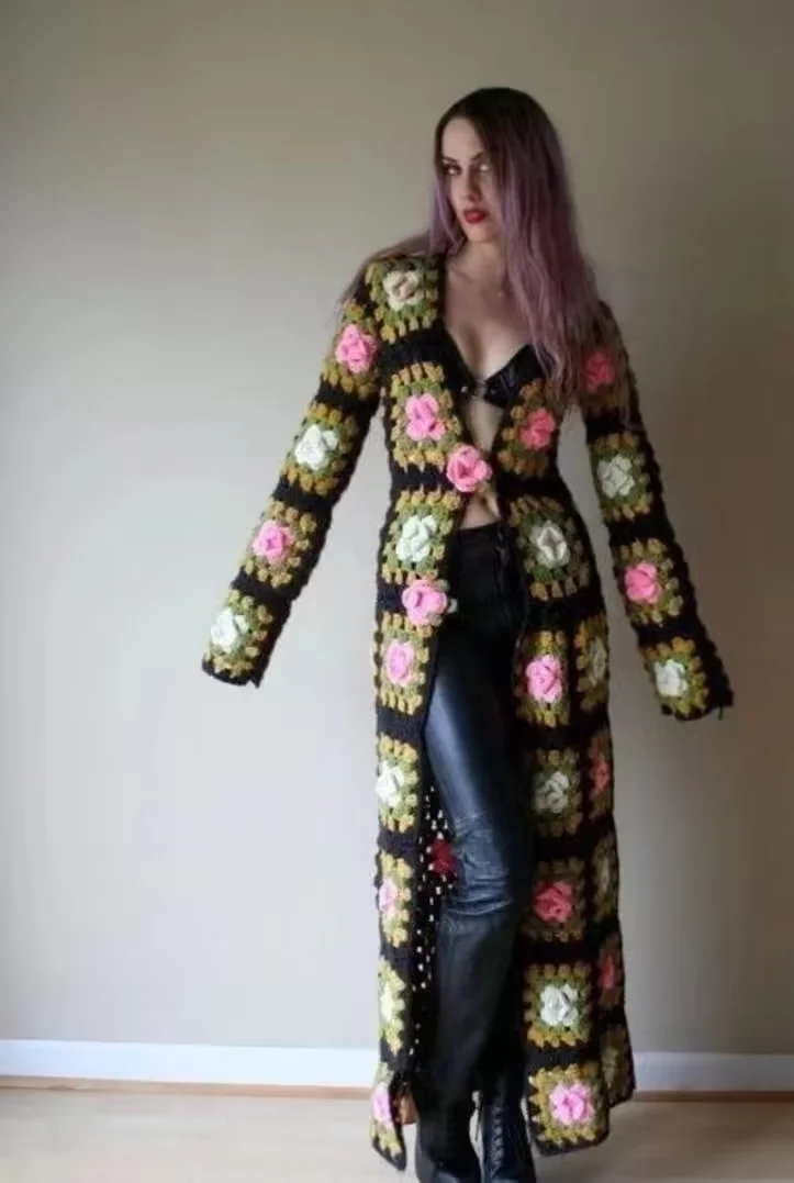 Fashion Color Hand-crocheted Three-dimensional Flower Long Cardigan,Sweater