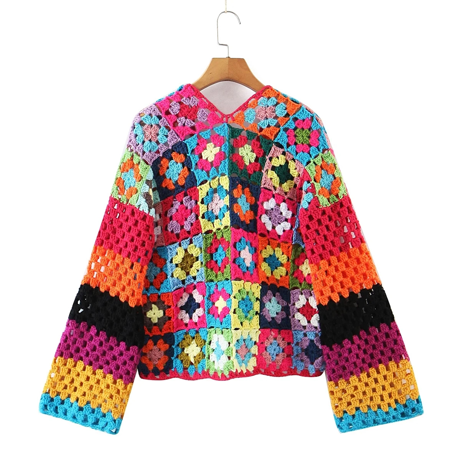 Fashion Color Hand-crocheted Three-dimensional Flower One-button Cardigan,Sweater