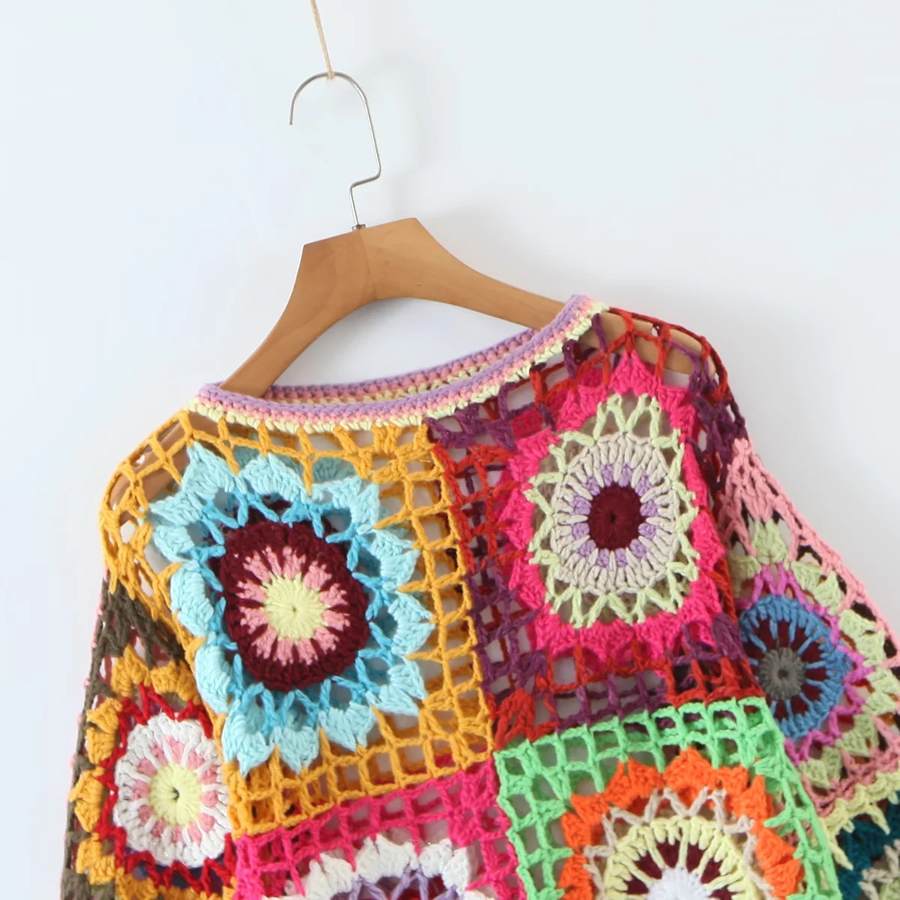 Fashion Color Hand Crochet Flared Sleeve Pullover Sweater,Sweater