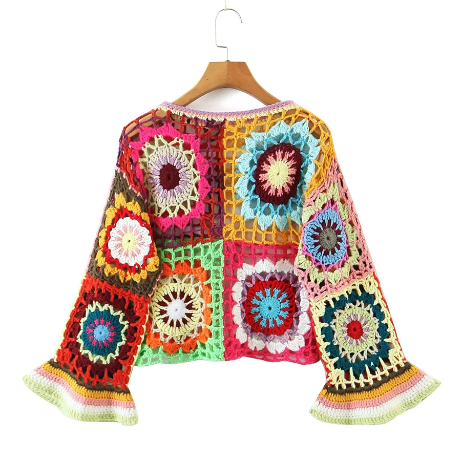 Fashion Color Hand Crochet Flared Sleeve Pullover Sweater,Sweater