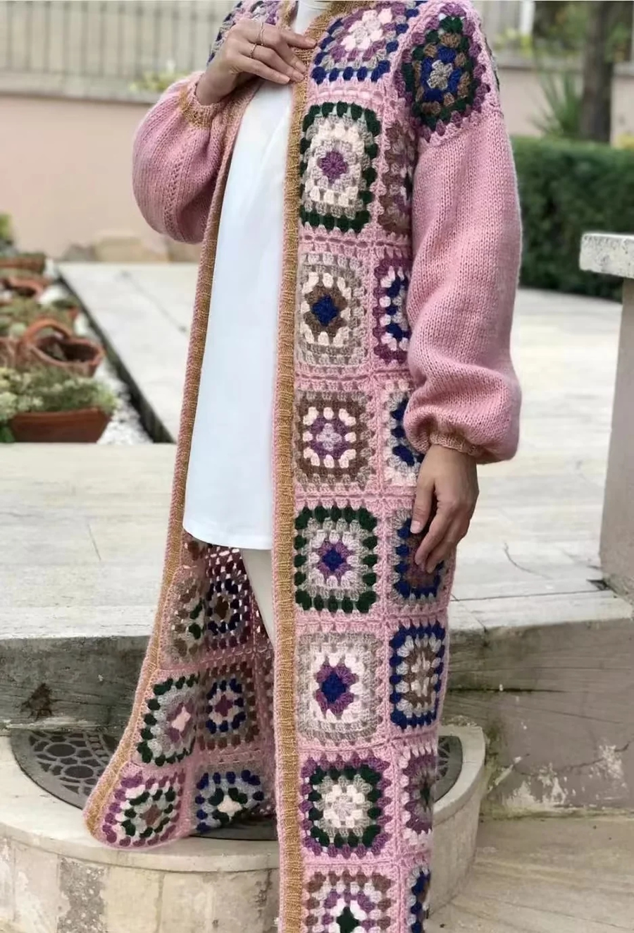 Fashion Pink Hand Crochet Checkered Long Cardigan,Sweater
