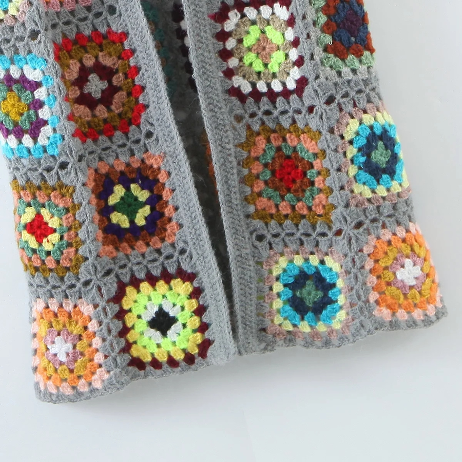 Fashion Grey Hand Crochet Checkered Long Cardigan,Sweater