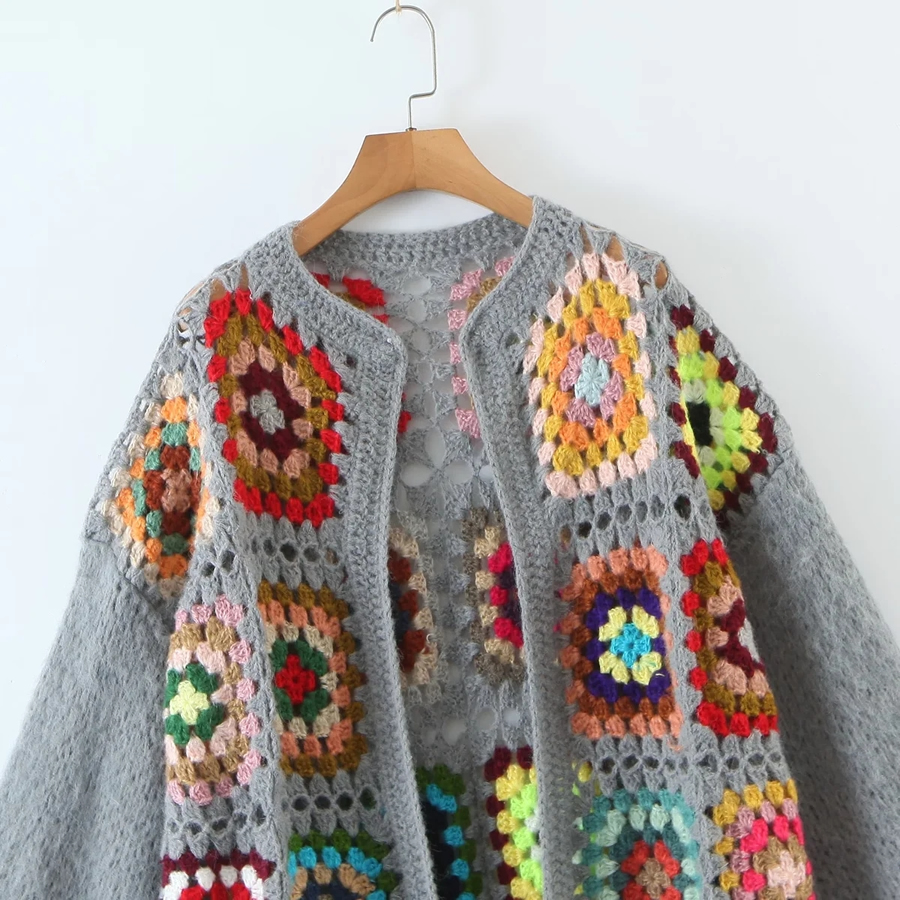 Fashion Grey Hand Crochet Checkered Long Cardigan,Sweater