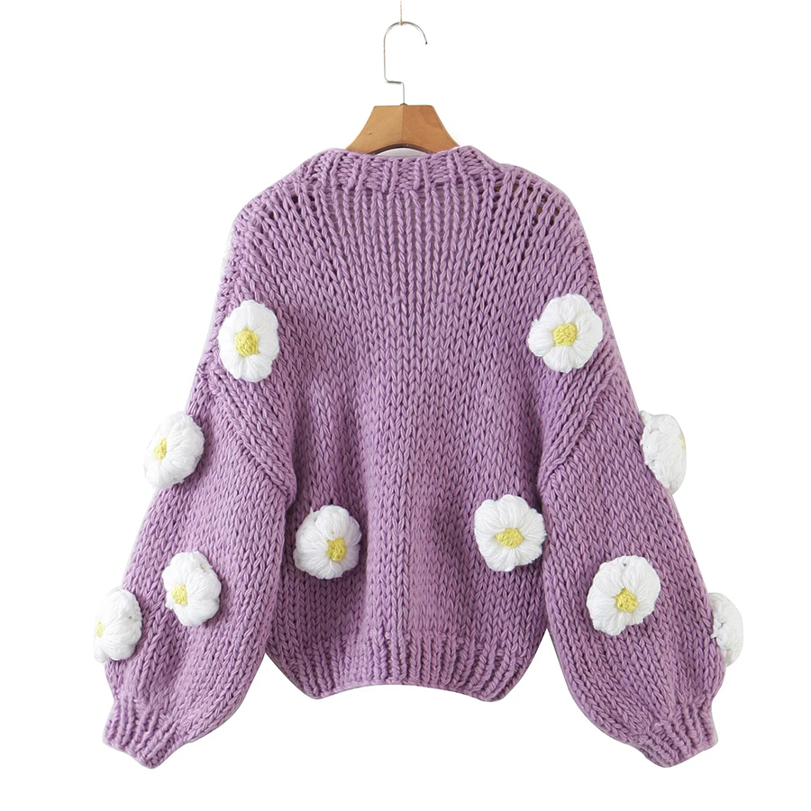 Fashion Purple Handmade Puff Flower Thick Line Sweater Coat,Sweater