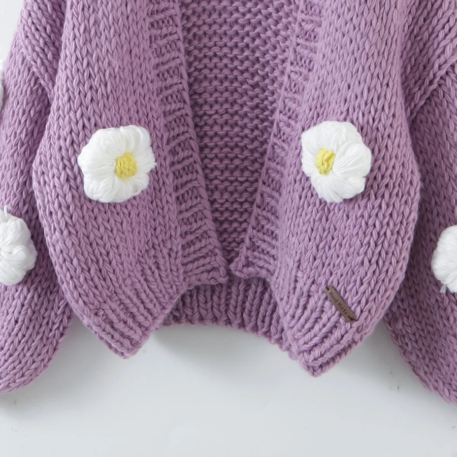 Fashion Pink Handmade Puff Flower Thick Line Sweater Coat,Sweater