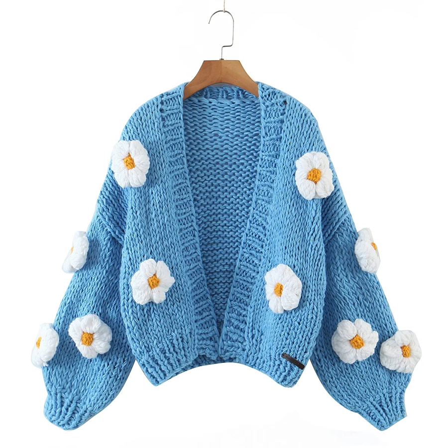 Fashion Blue Handmade Puff Flower Thick Line Sweater Coat,Sweater