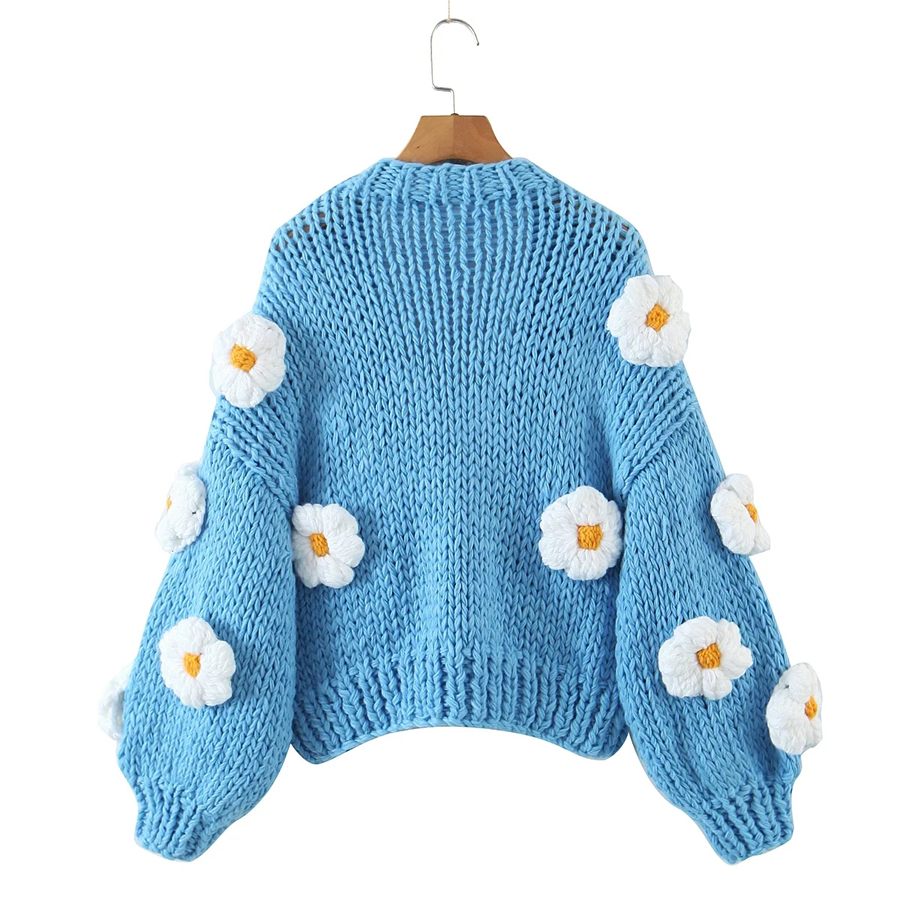 Fashion Blue Handmade Puff Flower Thick Line Sweater Coat,Sweater