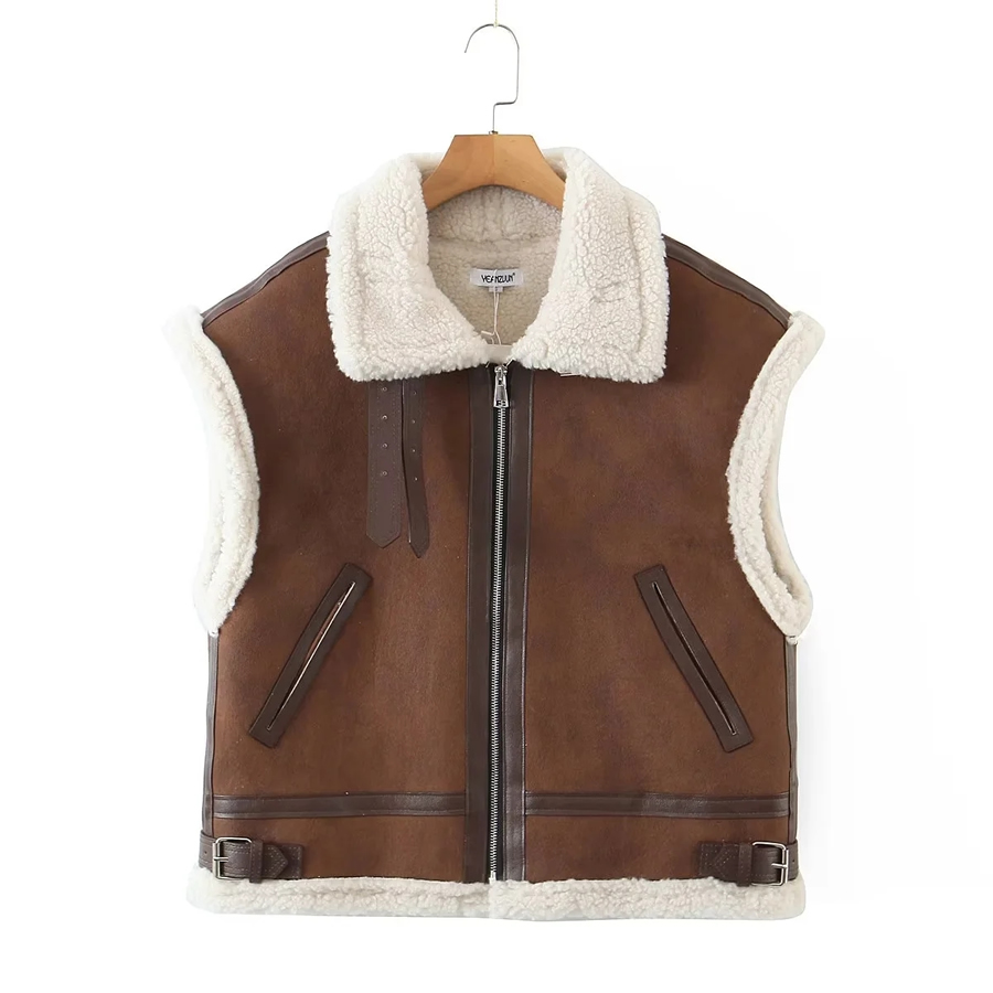 Fashion Brown Suede Lambskin Lapel Zip Jacket,Coat-Jacket