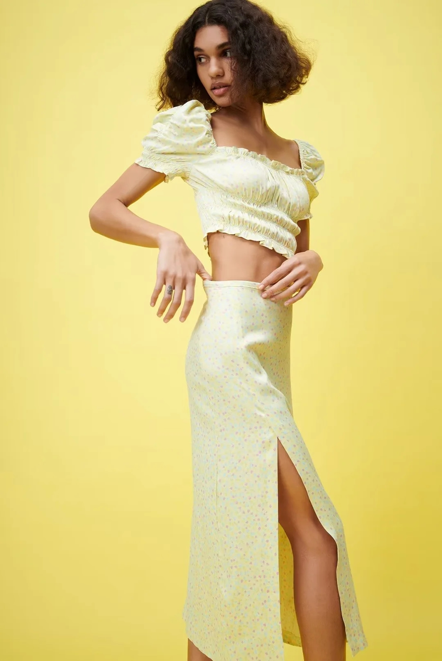 Fashion Yellow Woven Print Slit Skirt,Skirts
