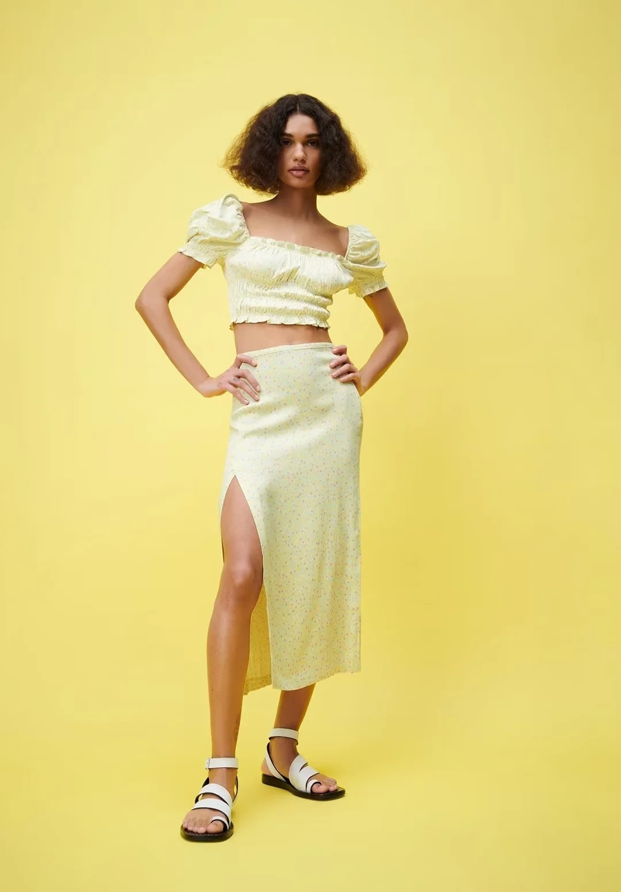 Fashion Yellow Woven Print Slit Skirt,Skirts