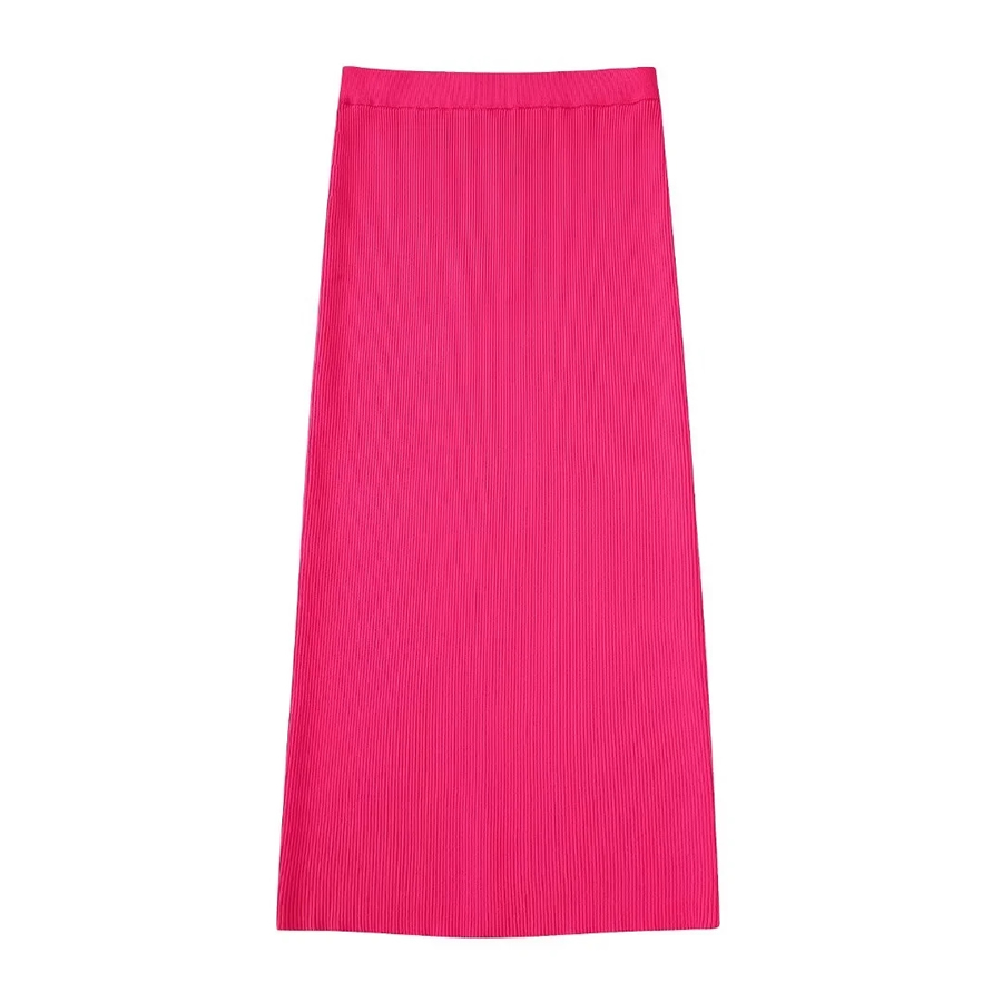Fashion Rose Red Ribbed Knit Skirt,Skirts