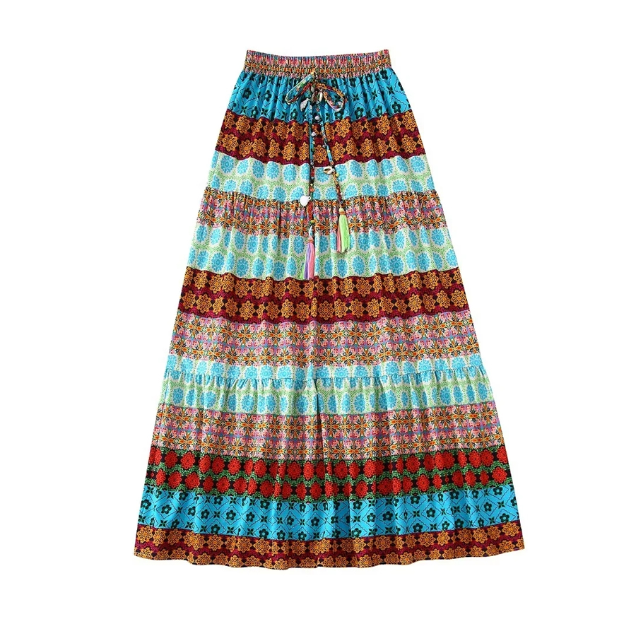 Fashion Color Woven Print Lace-up Skirt,Skirts