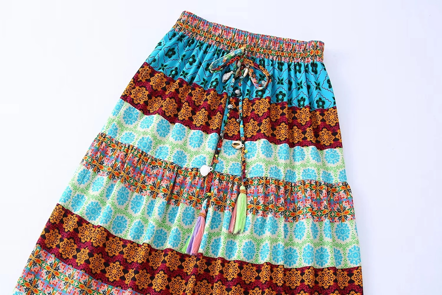 Fashion Color Woven Print Lace-up Skirt,Skirts