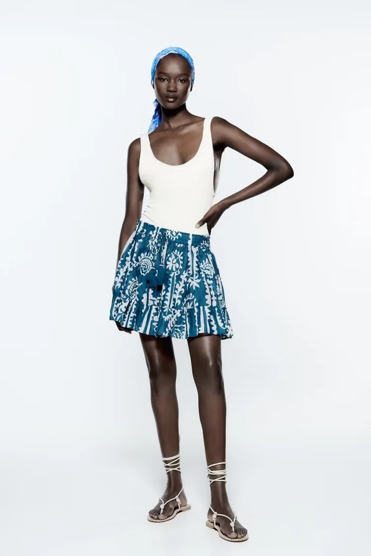 Fashion Blue Woven Print Layered Skirt,Skirts