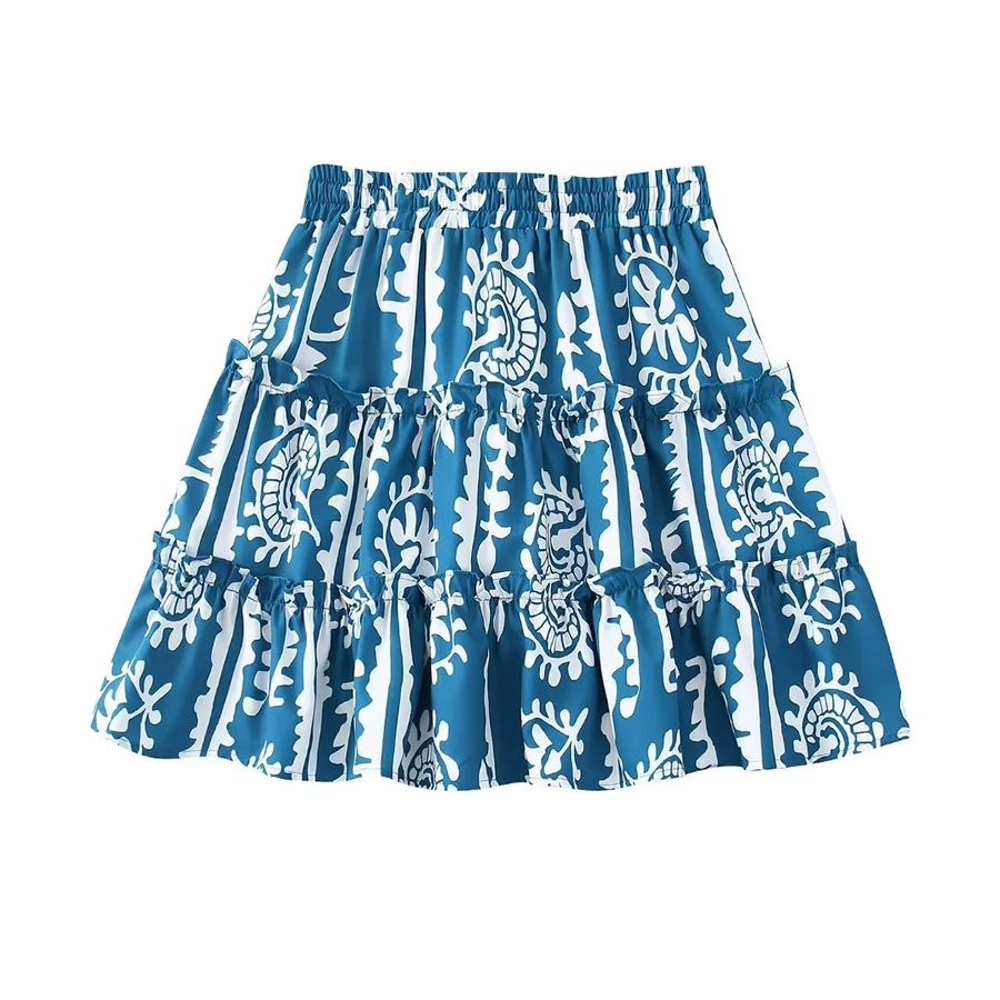Fashion Blue Woven Print Layered Skirt,Skirts