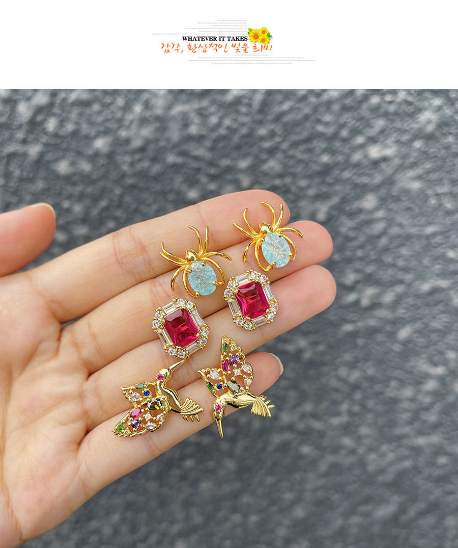 Fashion Red Brass Inset Zirconium Square Stud Earrings,Earrings