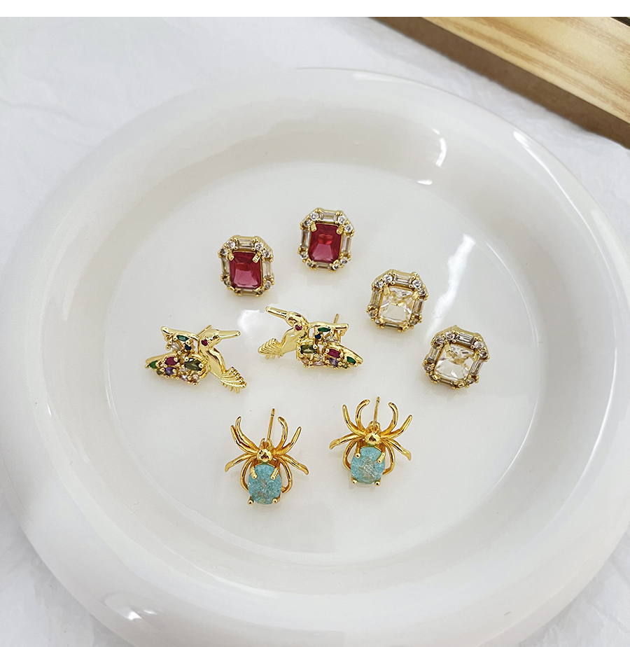 Fashion Red Brass Inset Zirconium Square Stud Earrings,Earrings