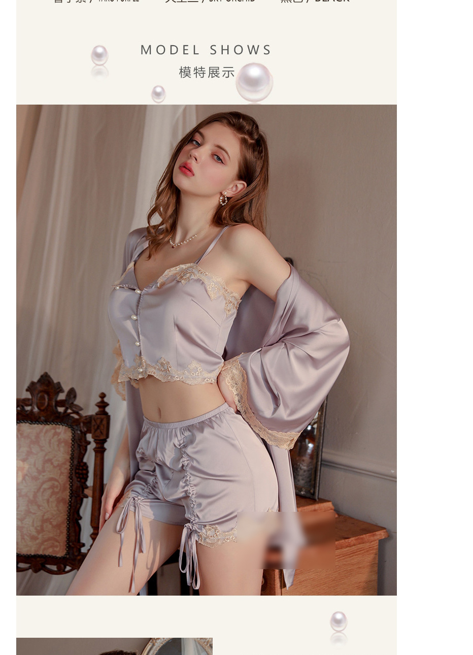 Fashion Taro Purple (top + Shorts) Polyester Lace Panel Sling Pleated Drawstring Shorts Pajama Set,SLEEPWEAR & UNDERWEAR