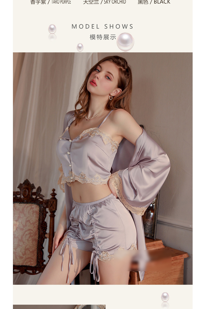 Fashion 2065 Taro Purple (robe + Belt) Polyester Lace Panel Tie Robe,SLEEPWEAR & UNDERWEAR