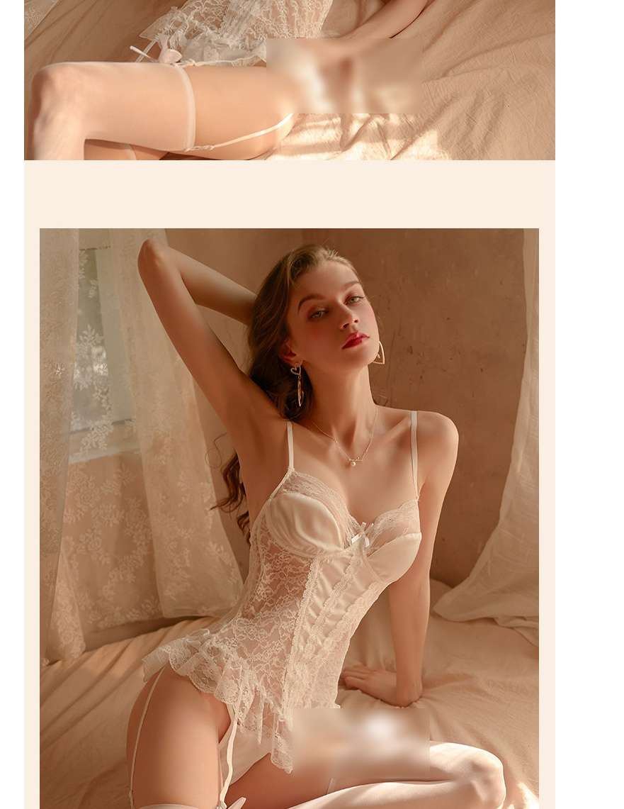 Fashion White Polyester Lace Sheer Sling Nightdress,SLEEPWEAR & UNDERWEAR