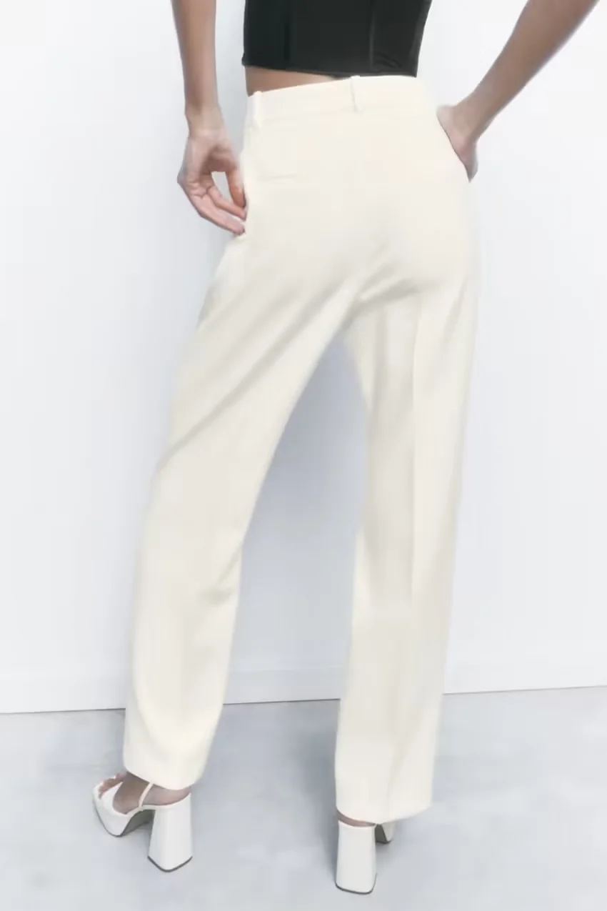 Fashion White Geometric Micropleated Straight-leg Trousers,Pants