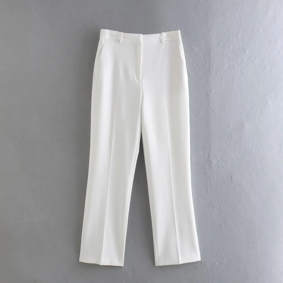 Fashion White Geometric Micropleated Straight-leg Trousers,Pants