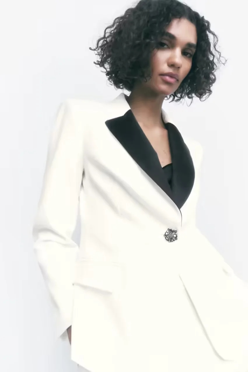Fashion White Geometric Colorblock Lapel One Button Pocket Blazer,Coat-Jacket