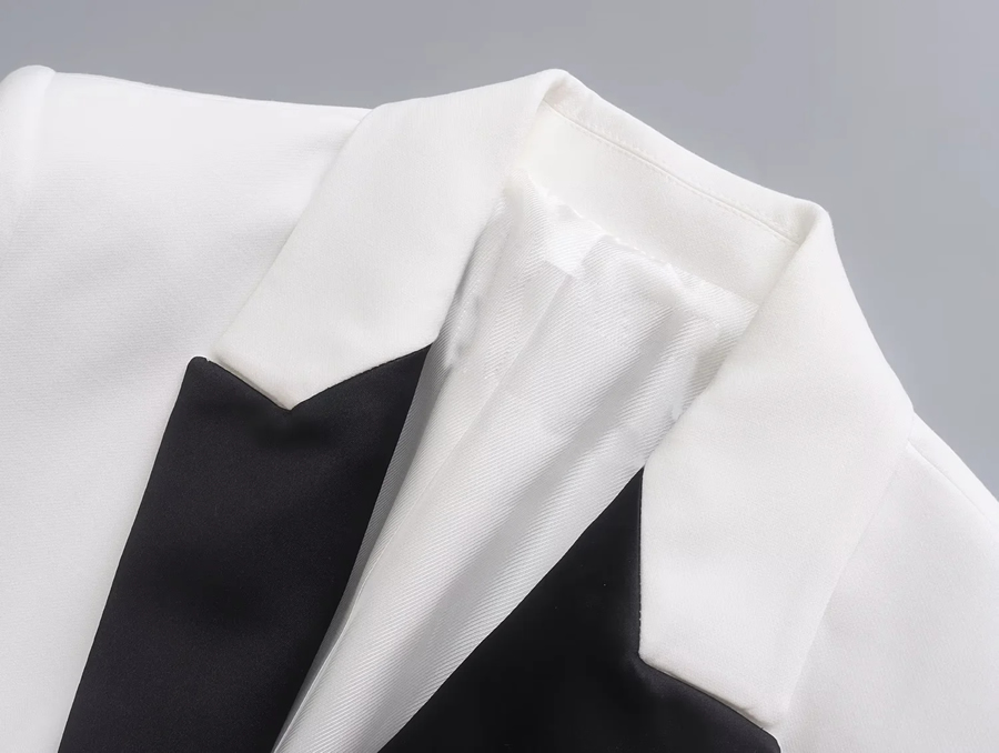 Fashion White Geometric Colorblock Lapel One Button Pocket Blazer,Coat-Jacket