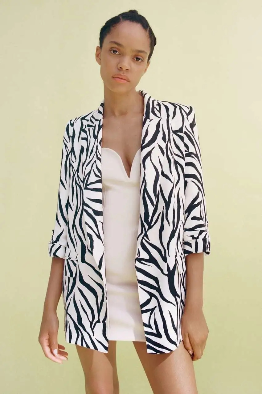 Fashion Black And White Geometric Zebra Lapel Pocket Blazer,Coat-Jacket
