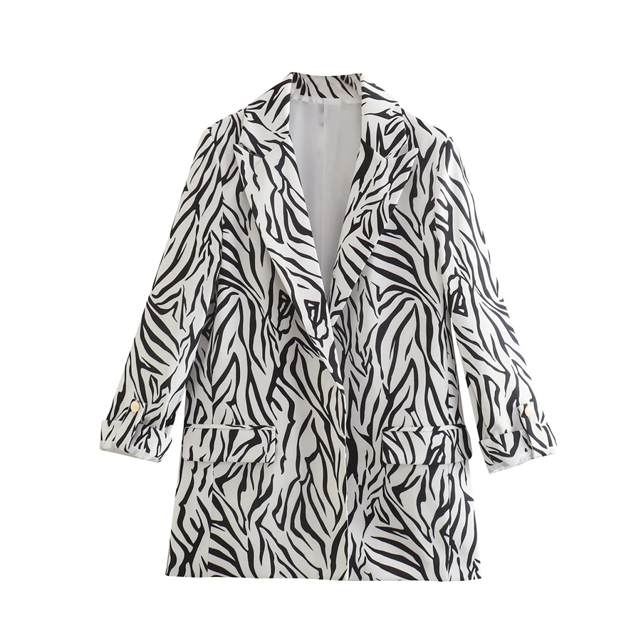 Fashion Black And White Geometric Zebra Lapel Pocket Blazer,Coat-Jacket