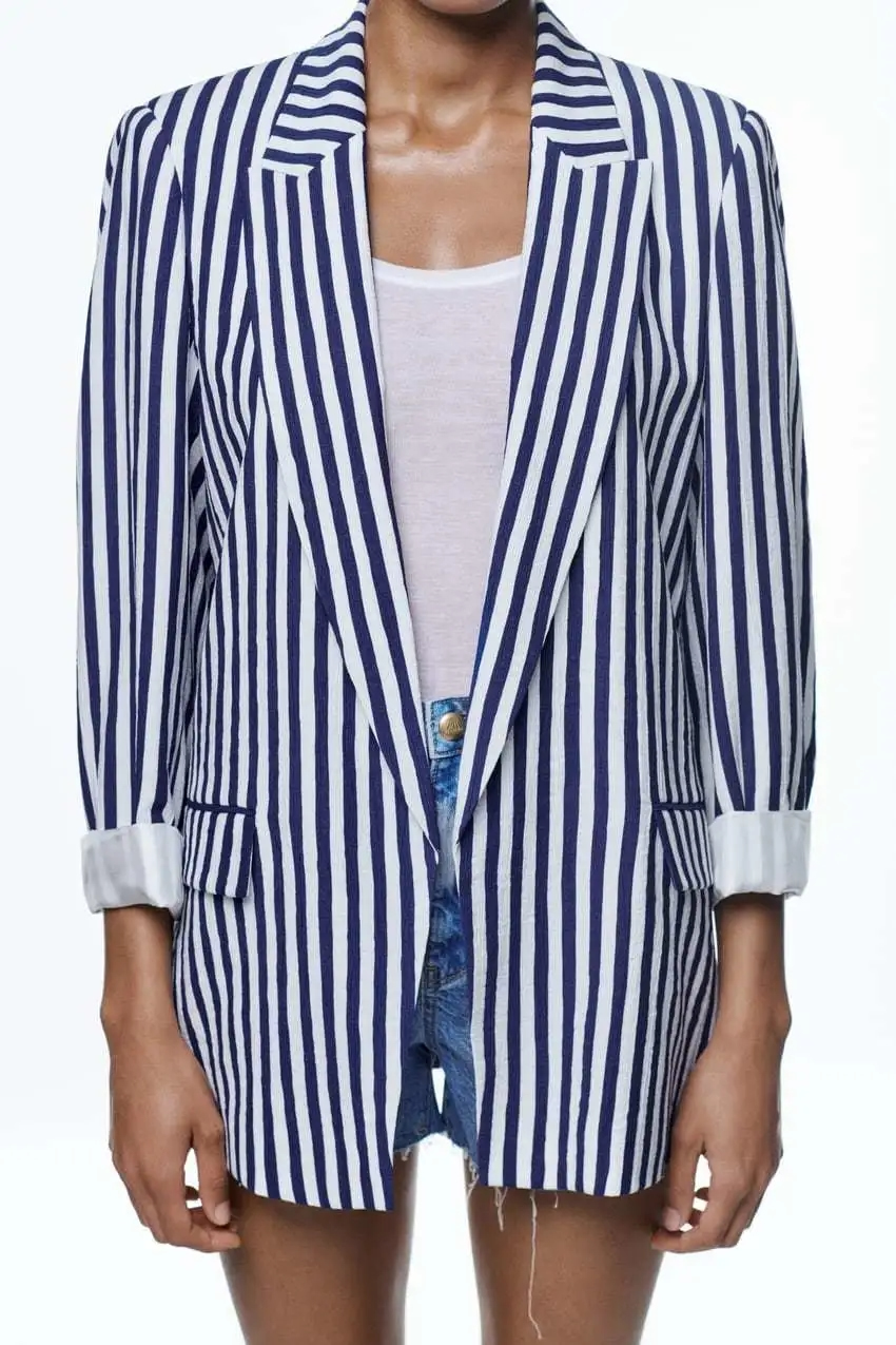 Fashion Blue Striped Blazer With Lapel Pockets,Coat-Jacket