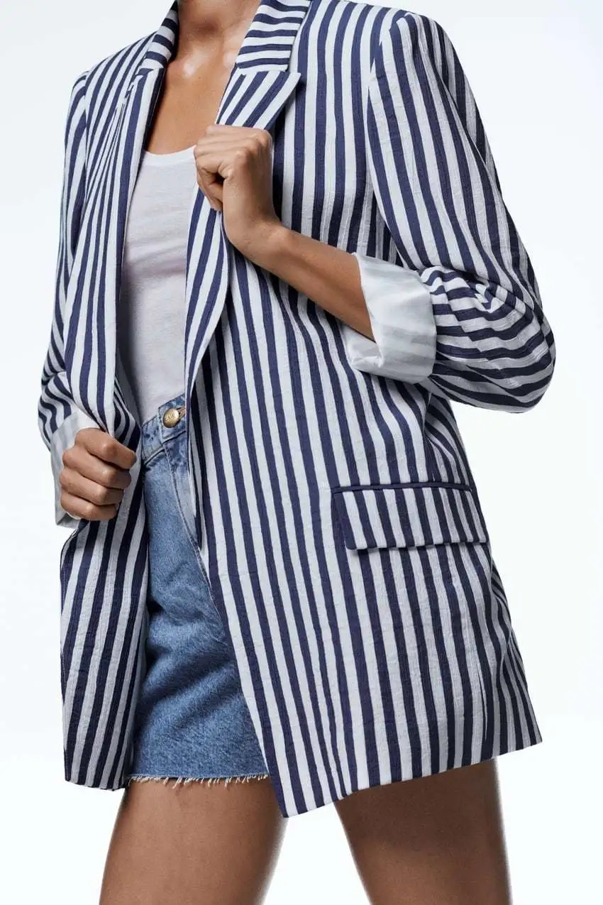 Fashion Pink Striped Blazer With Lapel Pockets,Coat-Jacket