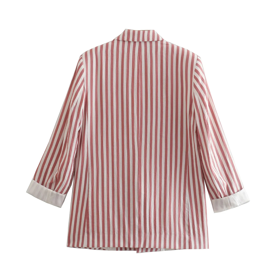 Fashion Pink Striped Blazer With Lapel Pockets,Coat-Jacket