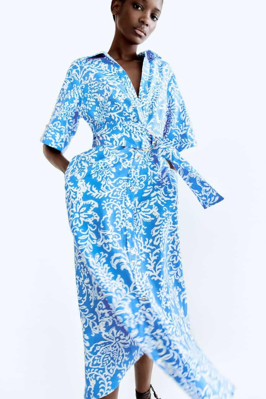 Fashion Blue Linen Print Lapel Dress,Knee Length