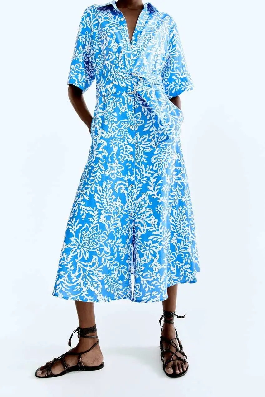 Fashion Blue Linen Print Lapel Dress,Knee Length