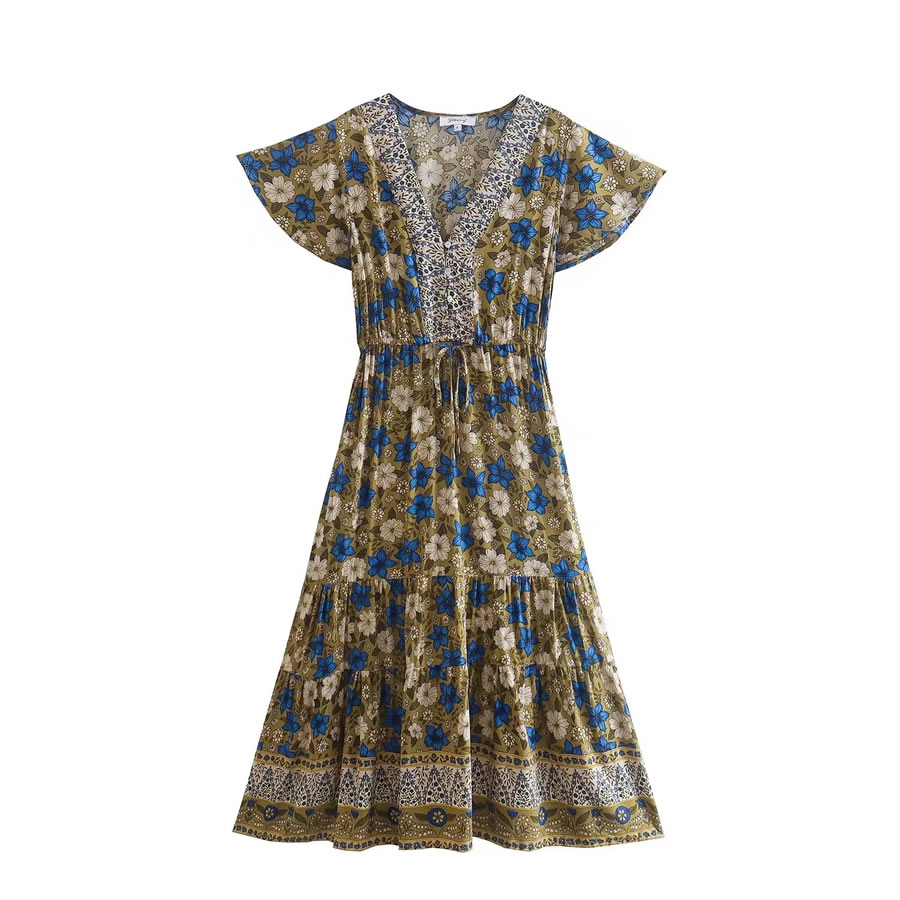 Fashion Yellow Rayon Print Fly-sleeve Dress,Long Dress