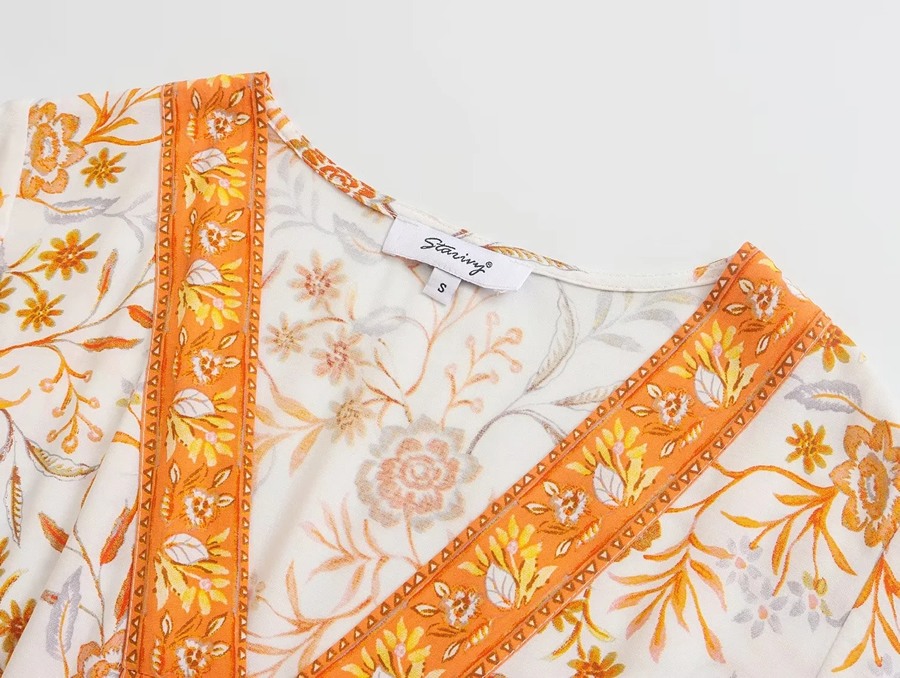 Fashion Orange Rayon Print Fly-sleeve Dress,Long Dress