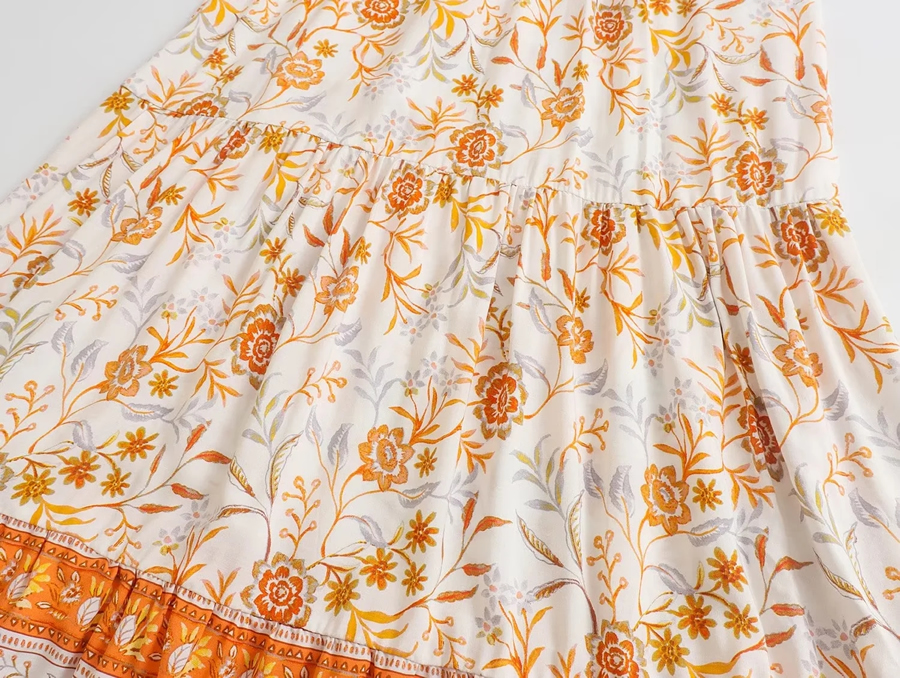 Fashion Orange Rayon Print Fly-sleeve Dress,Long Dress