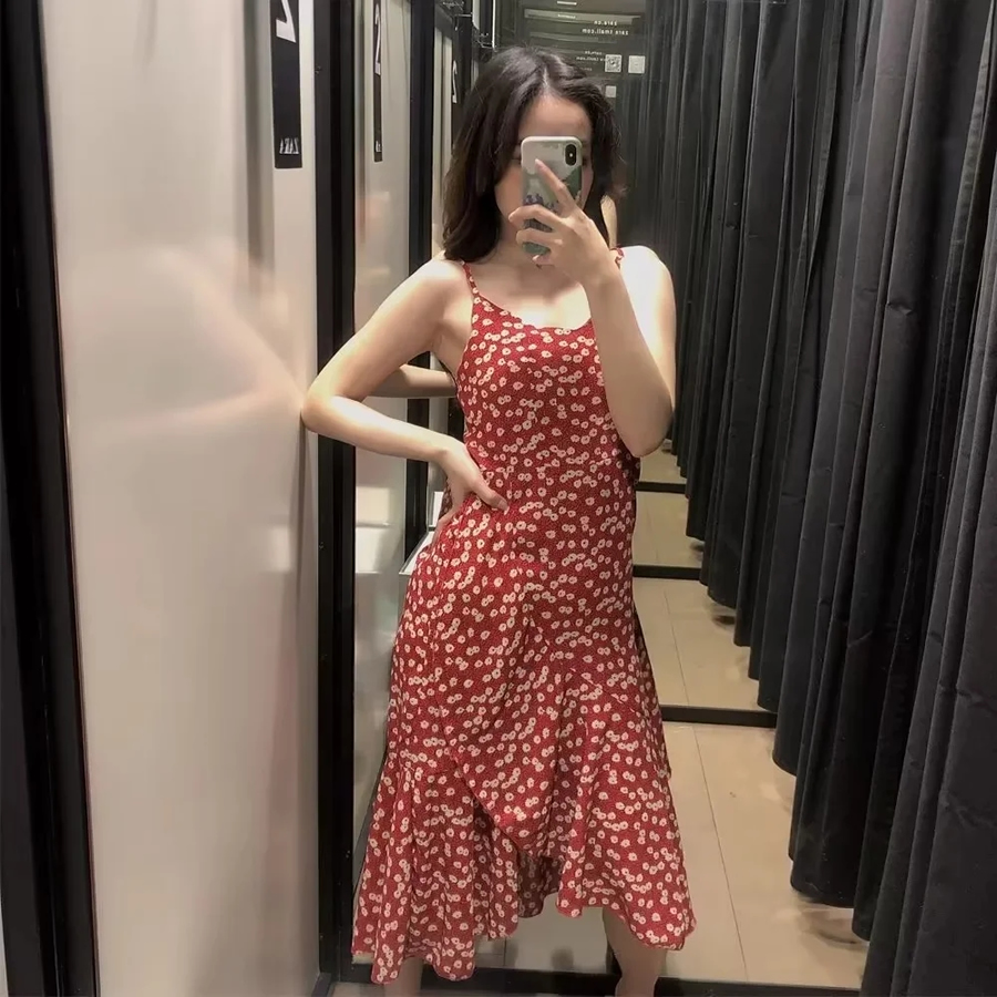 Fashion Red Printed Slip Dress,Long Dress