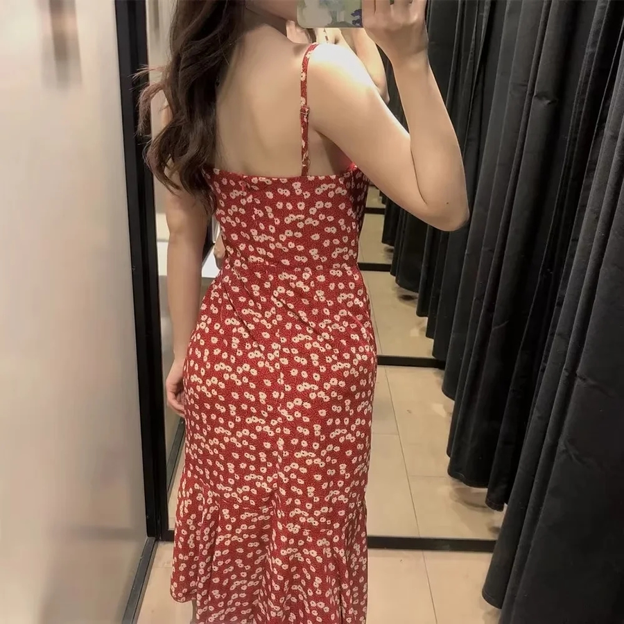 Fashion Red Printed Slip Dress,Long Dress