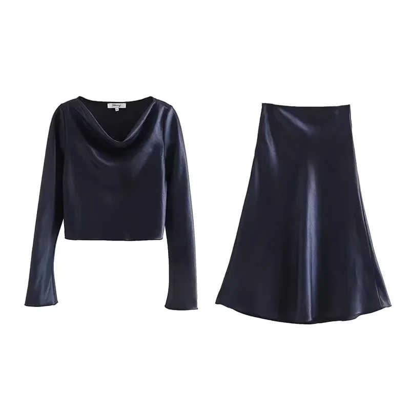 Fashion Beige Bright Satin Swing Collar Top High Waist Skirt Set,Suits