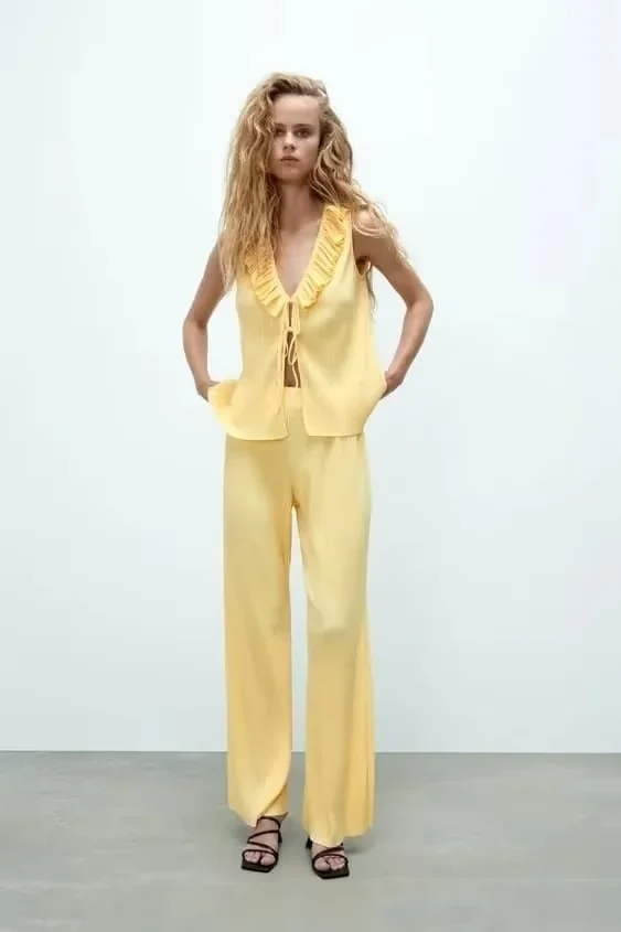 Fashion Yellow Ice Silk Crinkle Ruffle Sleeveless Top,Tank Tops & Camis