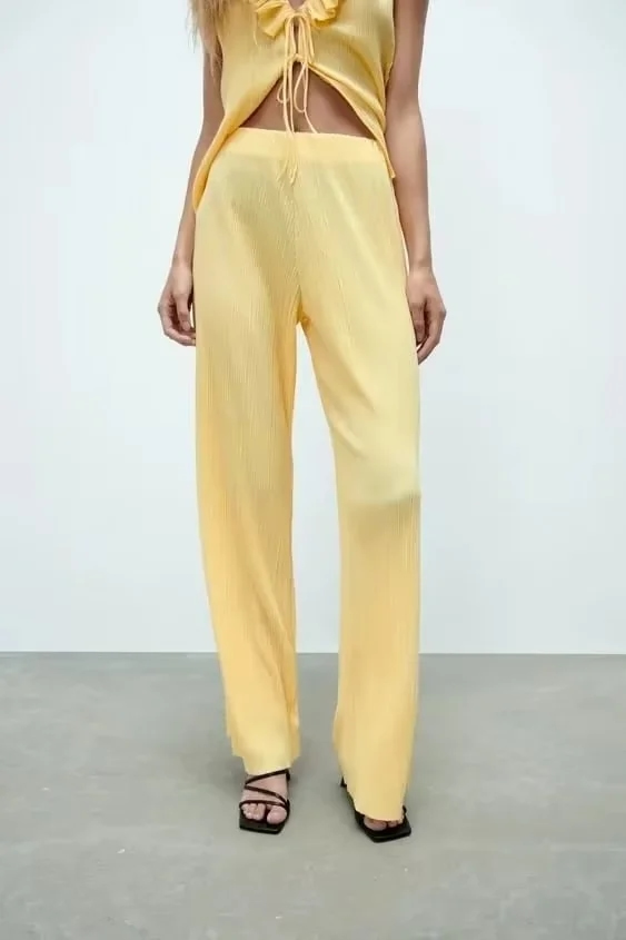 Fashion Yellow Ice Silk Crumpled Straight-leg Pants,Pants