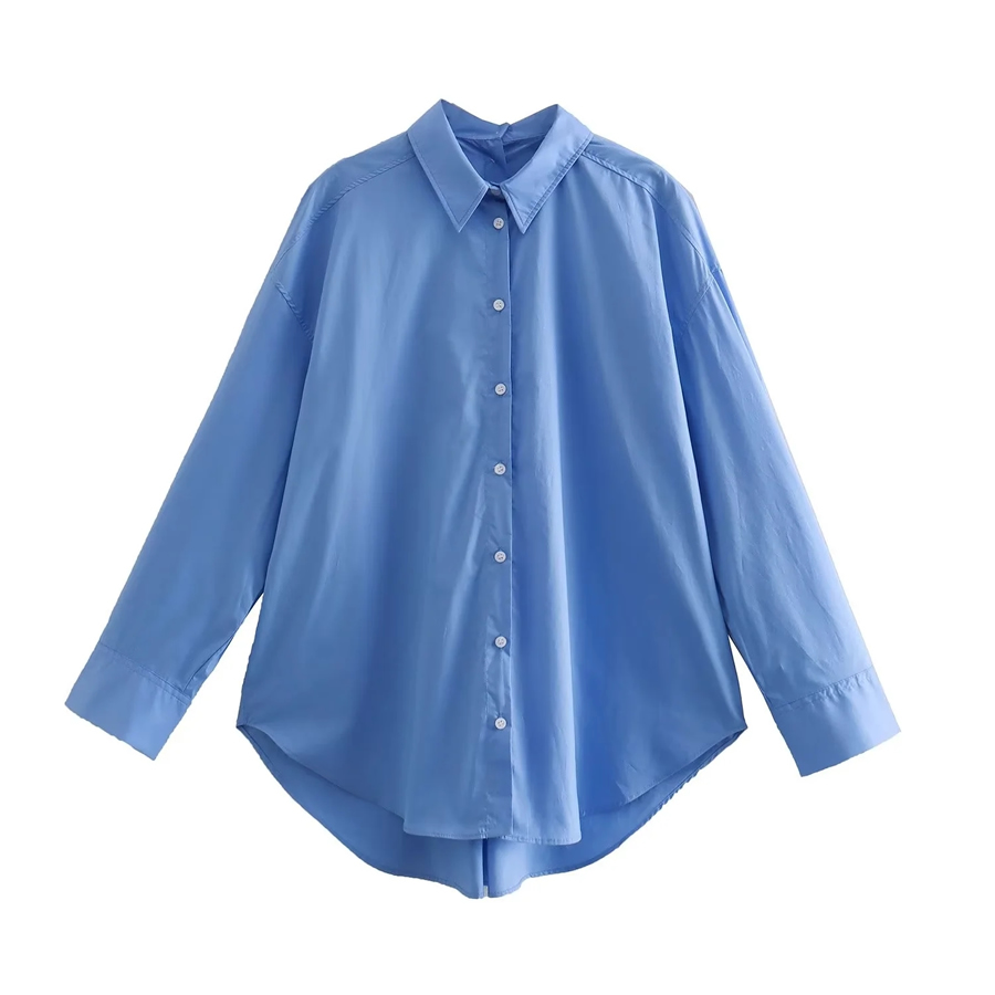 Fashion Dark Blue Cotton Buttoned Lapel Shirt,Blouses