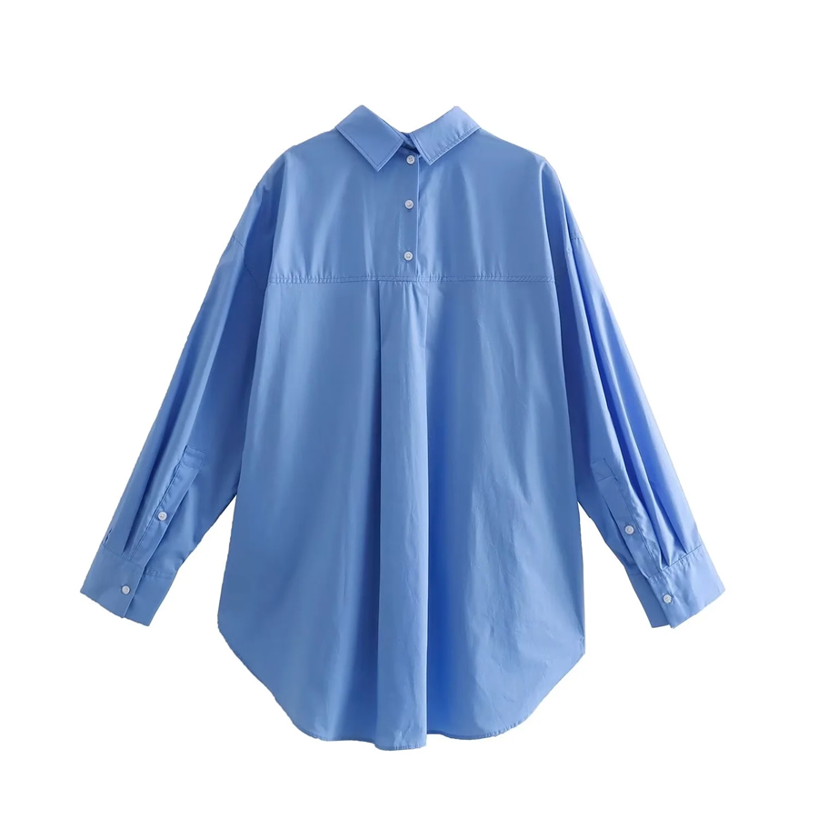 Fashion Dark Blue Cotton Buttoned Lapel Shirt,Blouses