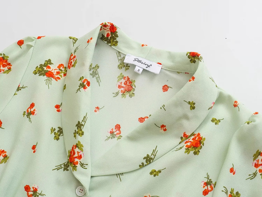 Fashion Green Suit Collar Print Short Sleeve Dress,Mini & Short Dresses