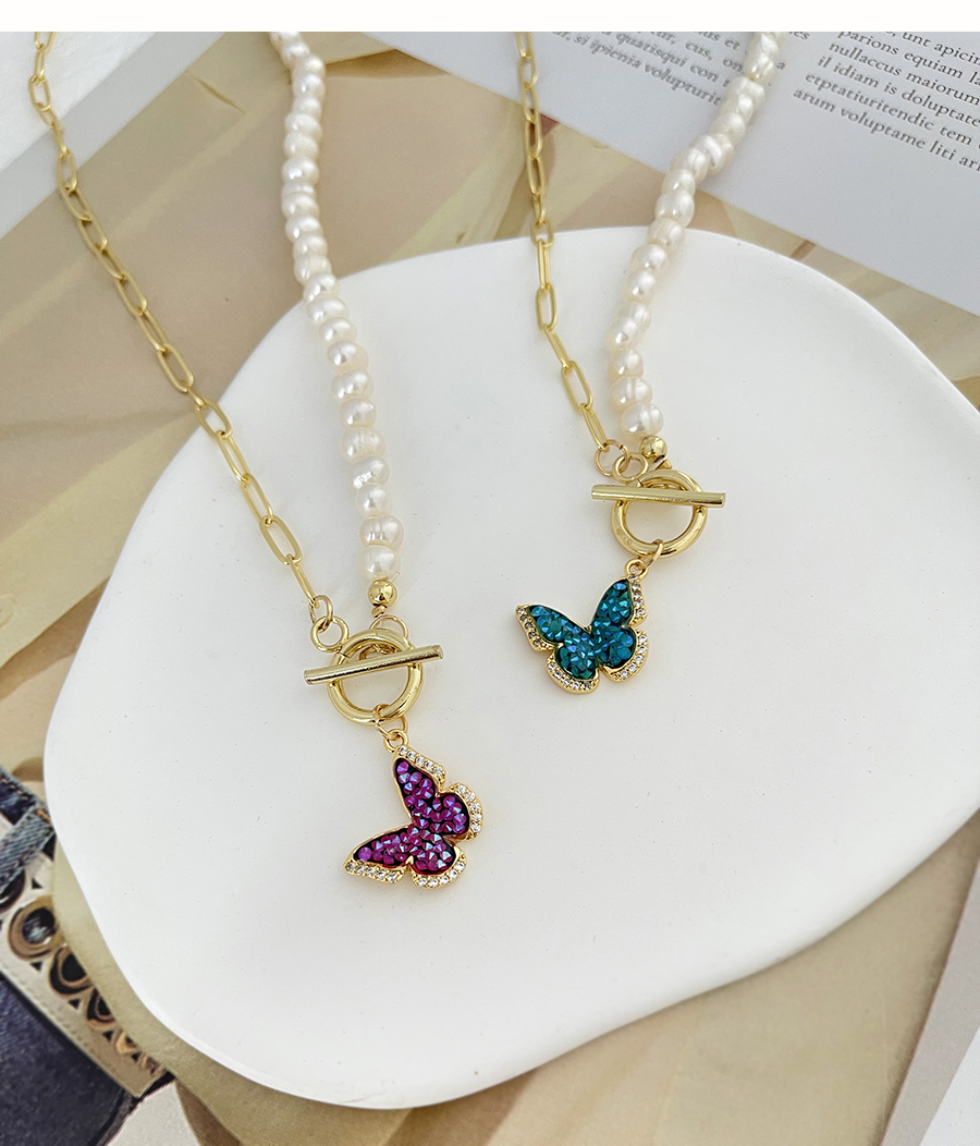 Fashion Blue Bronze Zircon Butterfly Pendant With Ot Buckle And Pearl Necklace,Necklaces